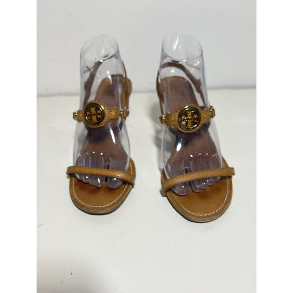 Tory Burch EUC Tan Leather Mira 70mm Logo Slingback Sandals Size 8.5 - Picture 6 of 11